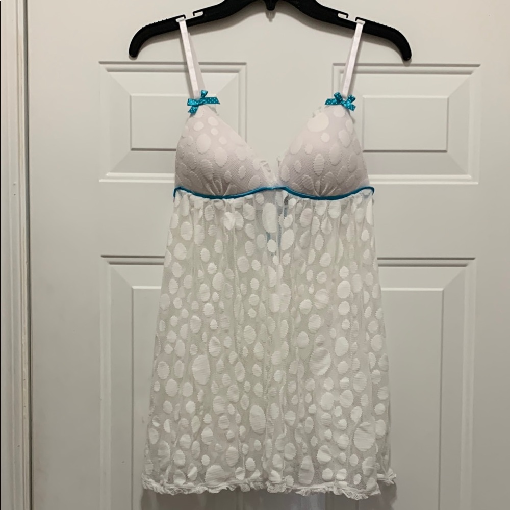 White & Blue Polka Dot Babydoll Lingerie Size Large